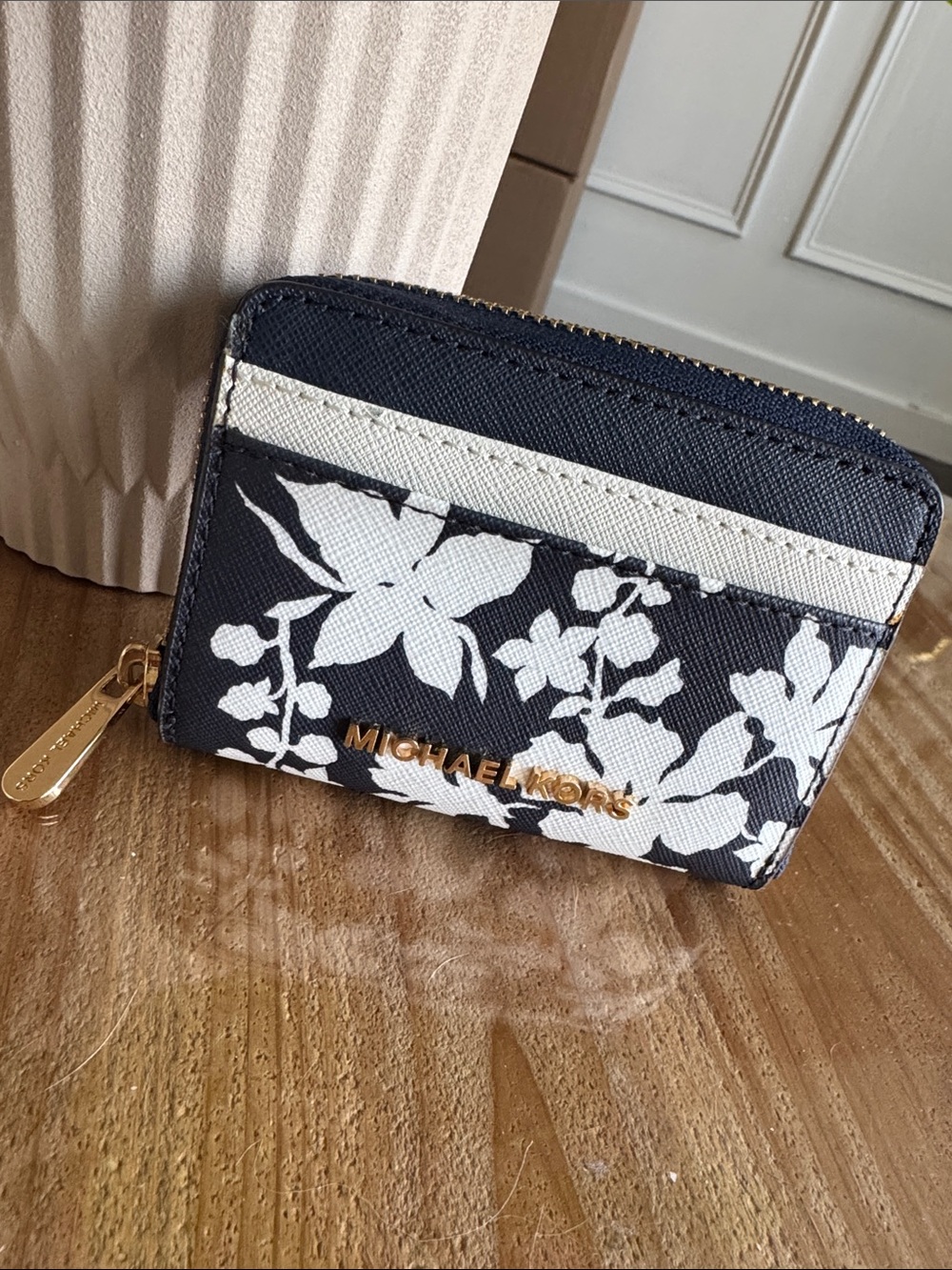 Michael Kors Navy and White Floral Zip Card Case